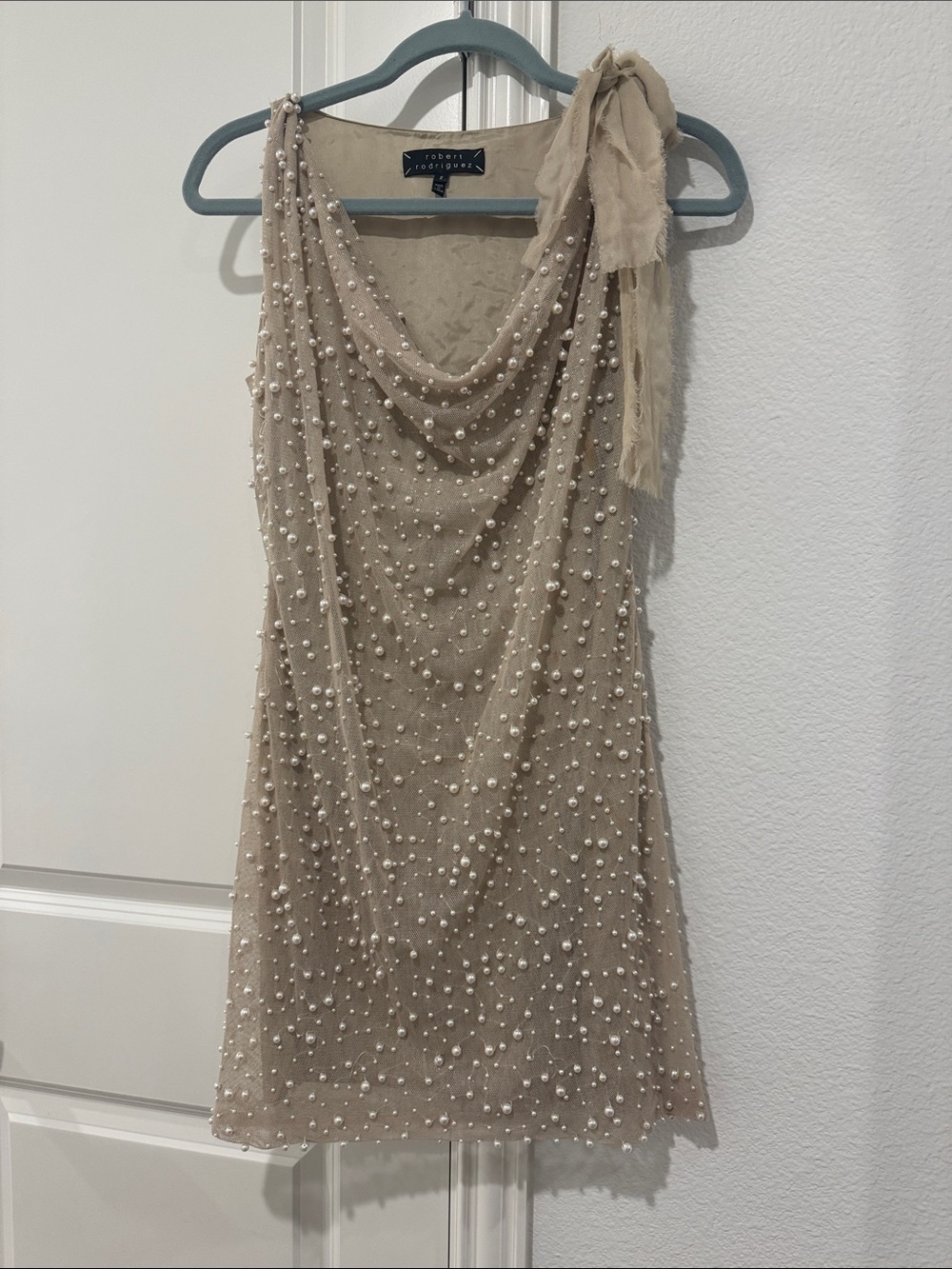 Robert Rodriguez Nude-Beige Pearl-Embellished Mini Dress